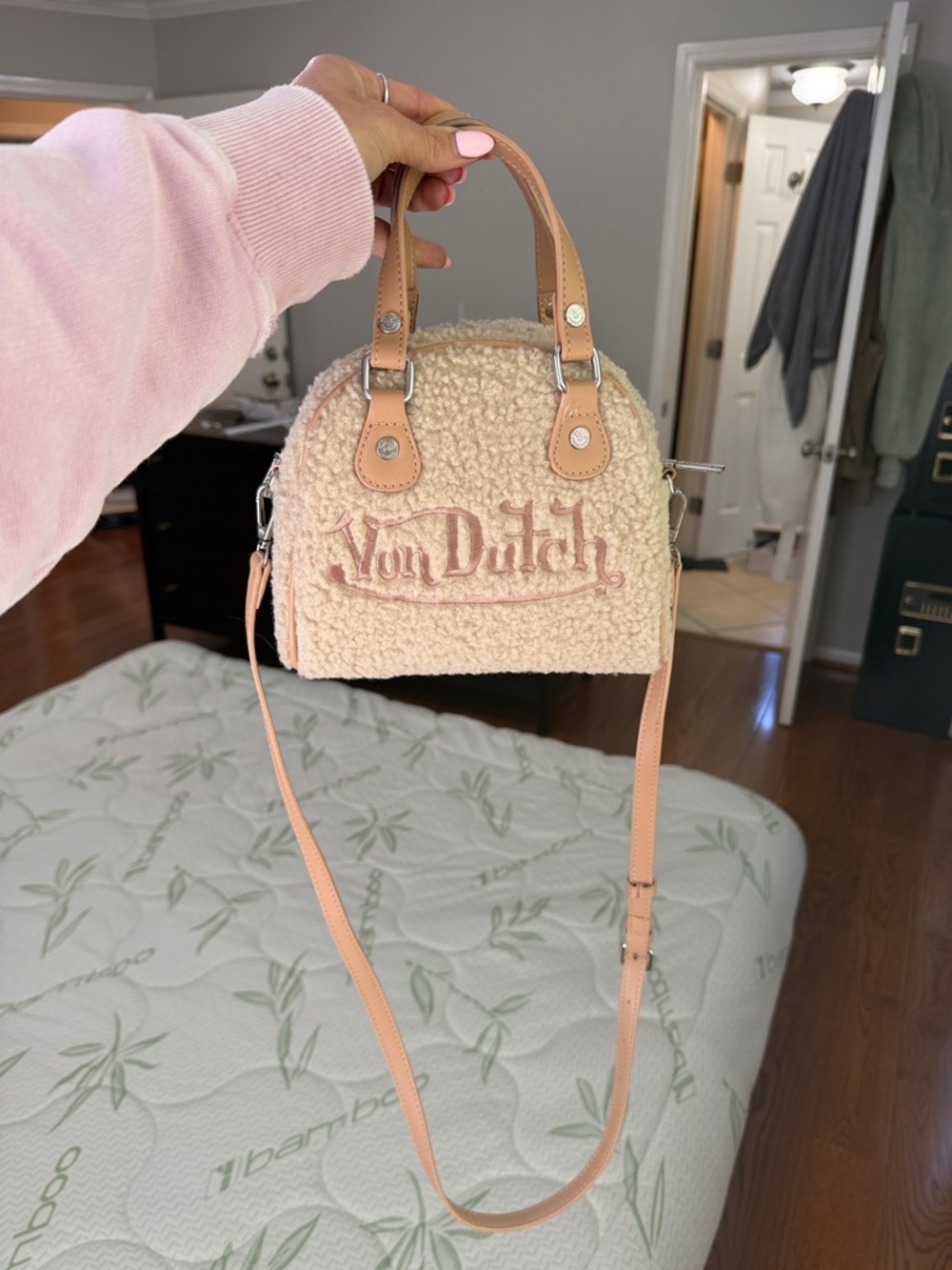 Von Dutch Cream Sherpa Mini Satchel with Tan Straps